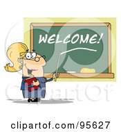 Poster, Art Print Of Blond Lady School Teacher Pointing To Welcome On A Chalkboard