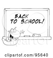 Royalty Free RF Clipart Illustration Of An Outlined Student Bookworm By A Back To School Classroom Chalkboard