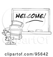 Royalty Free RF Clipart Illustration Of An Outlined School Boy Carrying Books By A Welcome Chalk Board