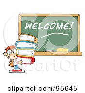 Poster, Art Print Of School Boy Carrying Books By A Welcome Chalk Board