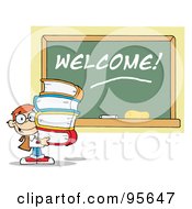 Poster, Art Print Of School Boy Carrying Text Books By A Welcome Chalk Board