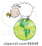Poster, Art Print Of White Sheep Standing On A Globe Carrying A Flower In Its Mouth