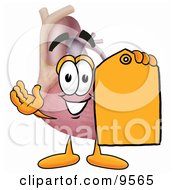 Heart Organ Mascot Cartoon Character Holding A Yellow Sales Price Tag
