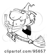 Royalty Free RF Clipart Illustration Of An Ugly Outlined Witch Swooping By On Her Broom