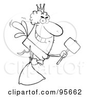 Royalty Free RF Clipart Illustration Of An Outlined Male Tooth Fairy Flying With A Bag And Mallet