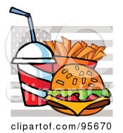 Royalty Free RF Clipart Illustration Of A Cola French Fries And Cheeseburger With An American Flag