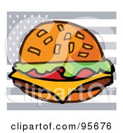 Royalty Free RF Clipart Illustration Of A Gray American Flag Behind A Cheeseburger
