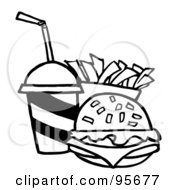 Royalty Free RF Clipart Illustration Of An Outlined Cheeseburger With Cola And French Fries 1
