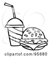 Royalty Free RF Clipart Illustration Of An Outlined Cheeseburger Served With Cola