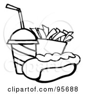 Royalty Free RF Clipart Illustration Of An Outlined Hot Dog French Fries And Cola
