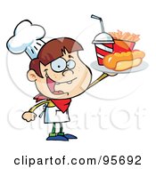 Royalty Free RF Clipart Illustration Of A Caucasian Chef Boy Carrying A Hot Dog French Fries And Cola