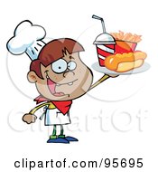 Royalty Free RF Clipart Illustration Of An African American Chef Boy Carrying A Hot Dog French Fries And Cola