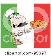 Poster, Art Print Of Happy Caucasian Chef Carrying A Pizza Pie Over A Flag