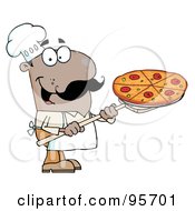 Royalty Free RF Clipart Illustration Of A Happy African American Chef Carrying A Pizza Pie On A Stove Shovel