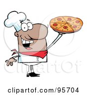 Royalty Free RF Clipart Illustration Of A Happy Hispanic Chef Presenting His Pizza Pie