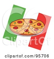 Royalty Free RF Clipart Illustration Of A Pepperoni Pizza Pie Over An Italian Flag 2