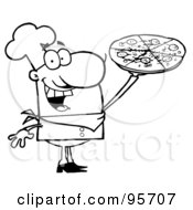 Royalty Free RF Clipart Illustration Of An Outlined Chef Presenting His Pizza Pie