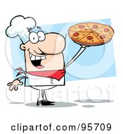 Royalty Free RF Clipart Illustration Of A Happy Caucasian Chef Presenting His Pizza Pie 2