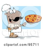 Poster, Art Print Of Happy Hispanic Chef Carrying A Pizza Pie On A Stove Shovel