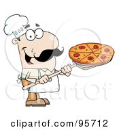 Poster, Art Print Of Happy Caucasian Chef Carrying A Pizza Pie On A Stove Shovel