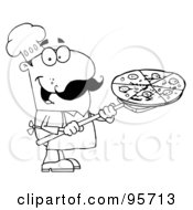 Poster, Art Print Of Happy Outlined Chef Carrying A Pizza Pie On A Stove Shovel