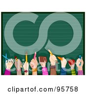 Royalty Free RF Clipart Illustration Of Raised Students Hands Holding School Items Over Green by BNP Design Studio