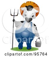 Farmer Cow Wearing Overalls And Holding A Pitchfork And Pail