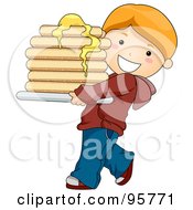 Cute Caucasian Boy Carrying A Buttery Stack Of Pancakes