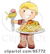 Cute Caucasian Boy Holding A Plate Of Spaghetti