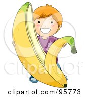Cute Caucasian Boy Peeling A Giant Banana