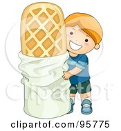 Cute Caucasian Boy Standing By A Giant Waffle