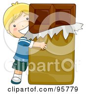 Cute Caucasian Boy Hugging A Giant Chocolate Bar