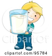 Poster, Art Print Of Cute Caucasian Boy Carrying A Giant Glass Of Milk