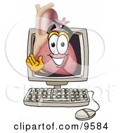 Heart Mascot Cartoon Character Waving From Inside A Computer Screen