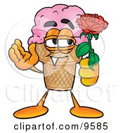 Clipart Picture Of An Ice Cream Cone Mascot Cartoon Character Holding A Red Rose On Valentines Day