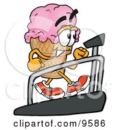 Clipart Picture Of An Ice Cream Cone Mascot Cartoon Character Walking On A Treadmill In A Fitness Gym