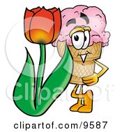 Poster, Art Print Of Ice Cream Cone Mascot Cartoon Character With A Red Tulip Flower In The Spring