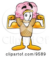 Ice Cream Cone Mascot Cartoon Character Flexing His Arm Muscles