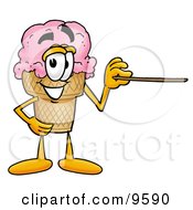 Clipart Picture Of An Ice Cream Cone Mascot Cartoon Character Holding A Pointer Stick