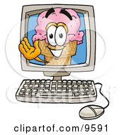 Clipart Picture Of An Ice Cream Cone Mascot Cartoon Character Waving From Inside A Computer Screen