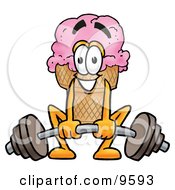 Ice Cream Cone Mascot Cartoon Character Lifting A Heavy Barbell