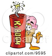 Ice Cream Cone Mascot Cartoon Character Standing With A Lit Stick Of Dynamite