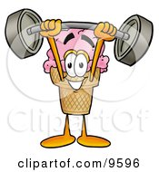 Ice Cream Cone Mascot Cartoon Character Holding A Heavy Barbell Above His Head by Mascot Junction