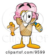 Clipart Picture Of An Ice Cream Cone Mascot Cartoon Character Looking Through A Magnifying Glass