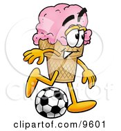 Clipart Picture Of An Ice Cream Cone Mascot Cartoon Character Kicking A Soccer Ball