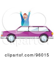 Poster, Art Print Of Happy Salesman Over A Purple Station Wagon