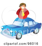 Poster, Art Print Of Happy Salesman Over A Blue Car