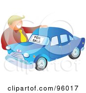 Blond Salesman Presenting A Blue Car