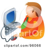 Royalty Free RF Clipart Illustration Of A Brunette Faceless Businessman Using A Computer