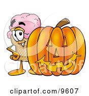Poster, Art Print Of Ice Cream Cone Mascot Cartoon Character With A Carved Halloween Pumpkin